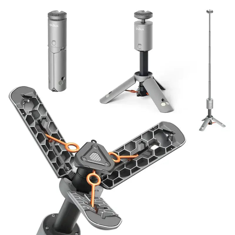 Lanterna telescopica led da esterno con design a treppiede e funzioni avanzate per uso outdoor.