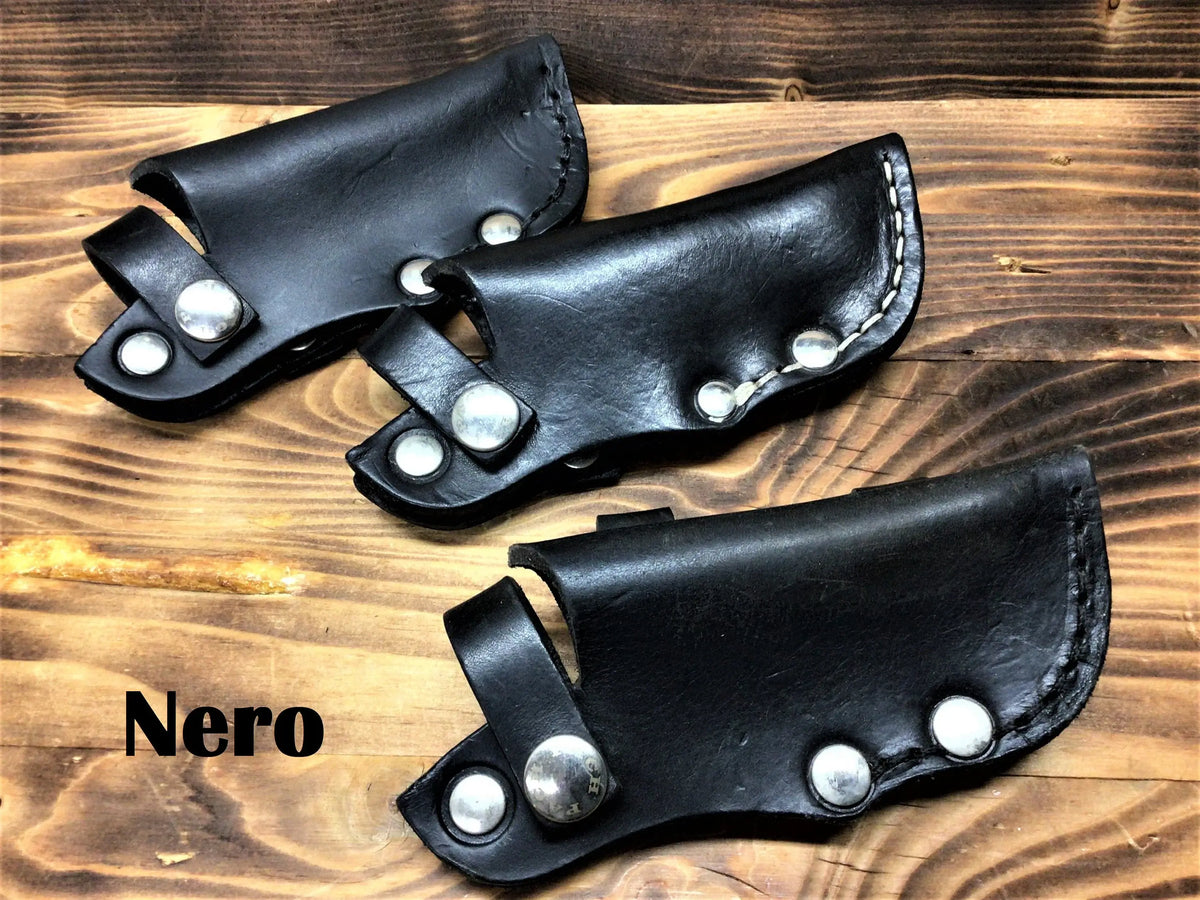 Porta coltello in cuoio a sgancio rapido cucito a mano con rivetti in ottone nikelato-COGNAC – immagine 3