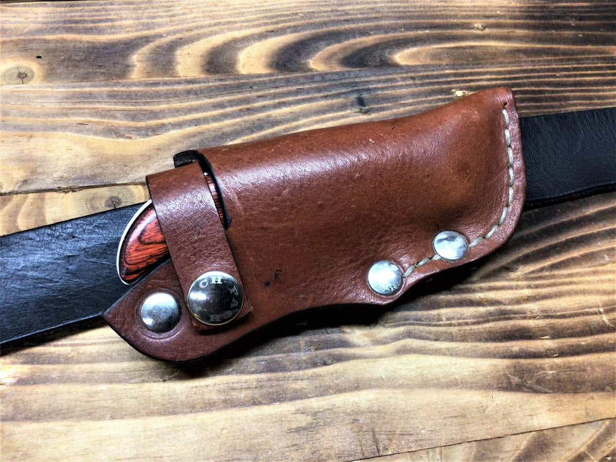 Porta coltello in cuoio a sgancio rapido cucito a mano con rivetti in ottone nikelato-COGNAC – immagine 5