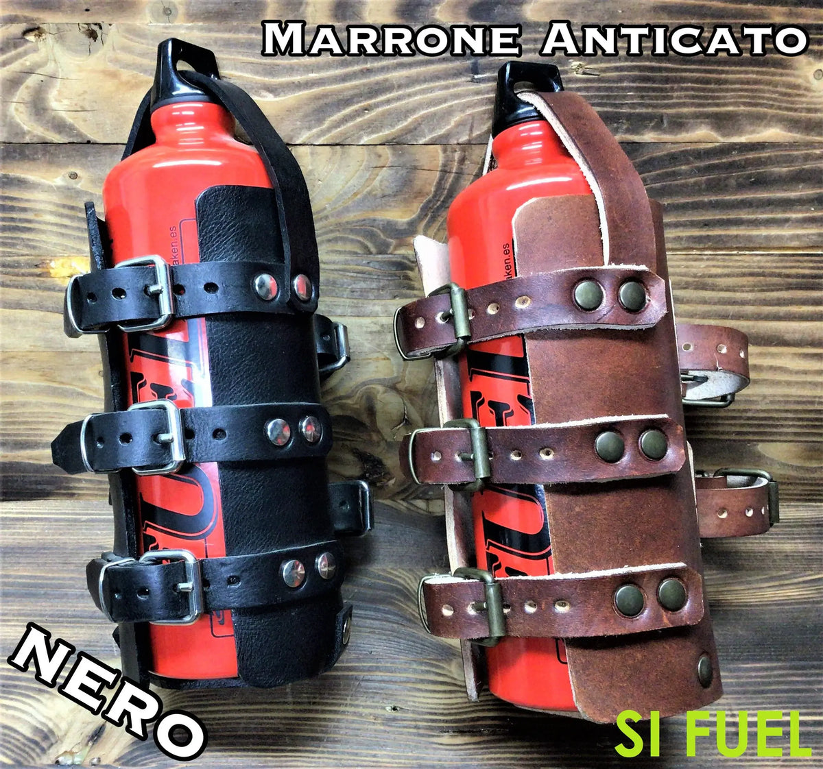 Porta borraccia per benzina 1L., petrol bottle holder, in cuoio 4 mm.- NERO – immagine 2