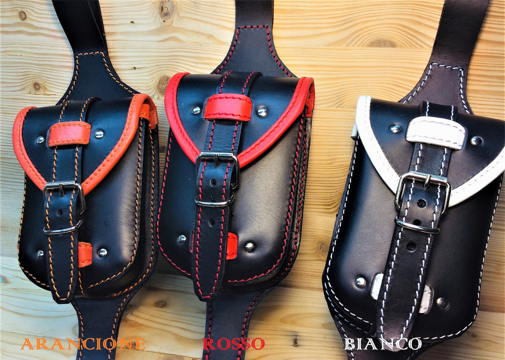 Gambale bikers in pelle, marsupio gamba colore NERO pelle toscana conciata la vegetale con fibbia e sgancio rapido.