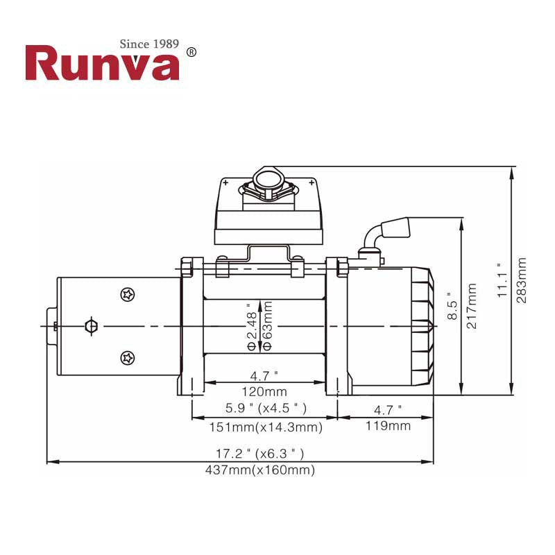Verricello elettrico industriale 4x4 Runva 9500 lb - 4309 kg - 12V con comando, fune sintetica, tamburo corto – immagine 2