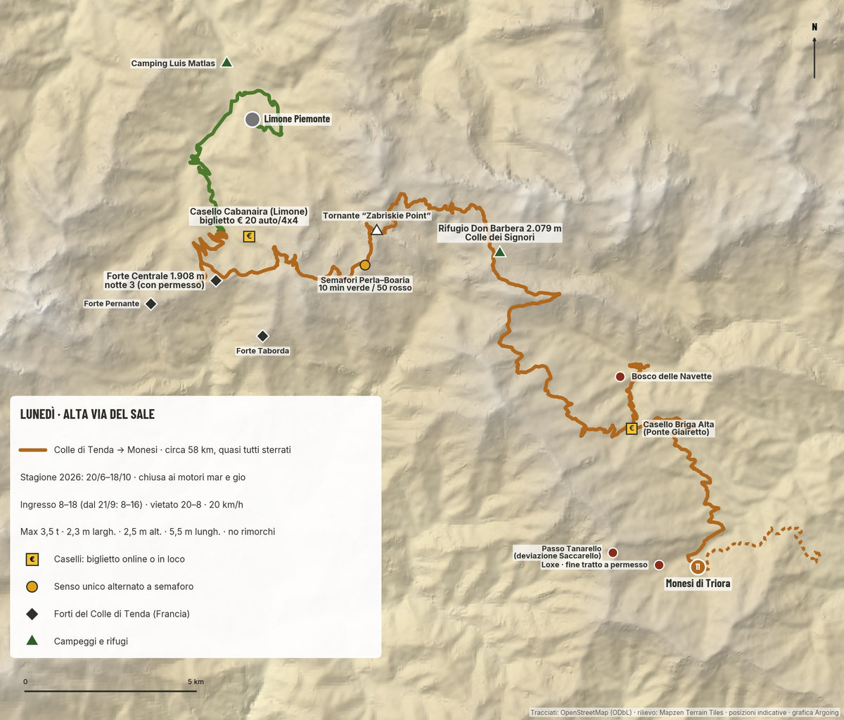 Cartina dell'Alta Via del Sale con caselli, semafori, forti e rifugi