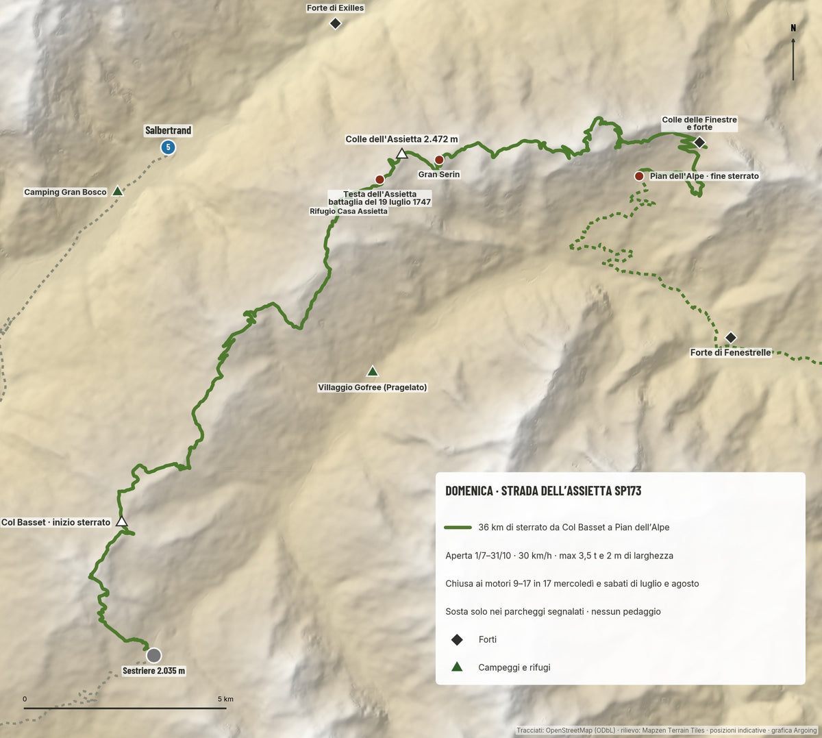 Cartina della strada dell'Assietta da Col Basset a Pian dell'Alpe con forti e campeggi