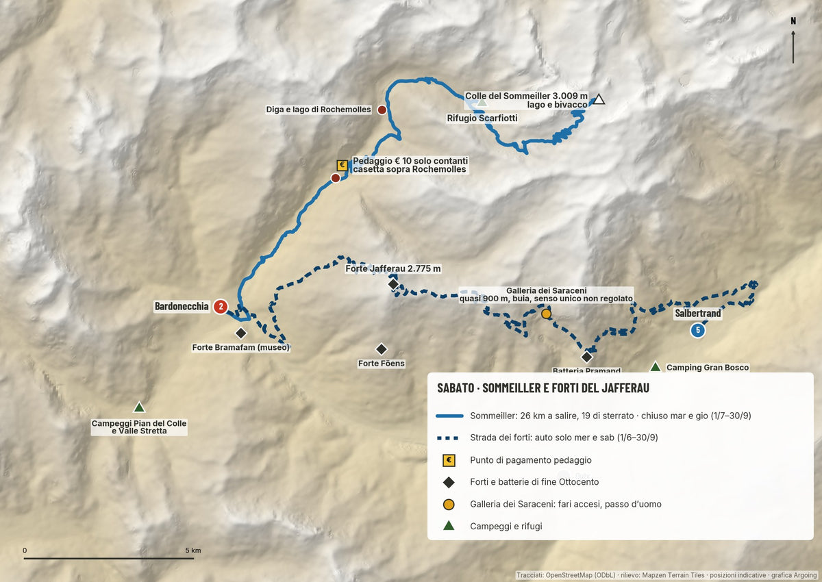 Cartina di Bardonecchia con la strada del Sommeiller e la strada militare dei forti del Jafferau