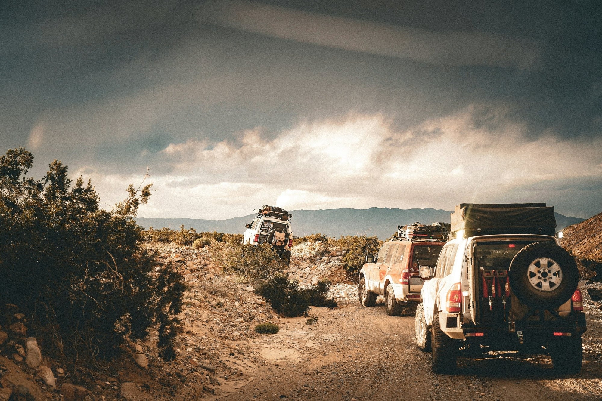 Convoglio overlanding di fuoristrada 4x4 su pista