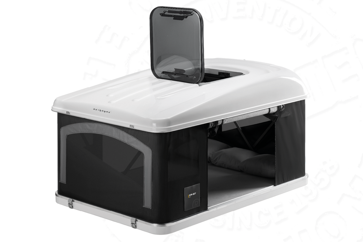 Tenda da tetto AutoHome Air-Sky 360, guscio Bianco – finestra a tetto aperta