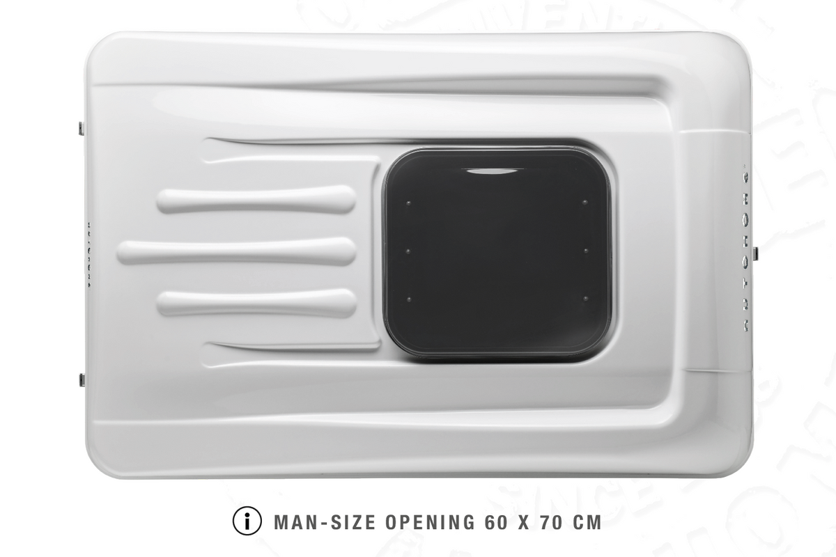 Tenda da tetto AutoHome Air-Sky 360, guscio Bianco – vista dall'alto con finestra a tetto