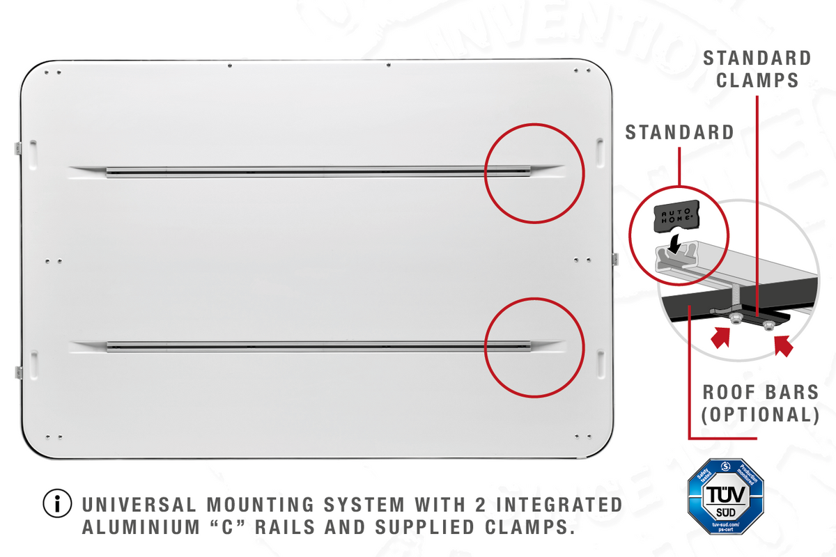 Tenda da tetto AutoHome Air-Sky 360, guscio Bianco – base con guide a C e morsetti
