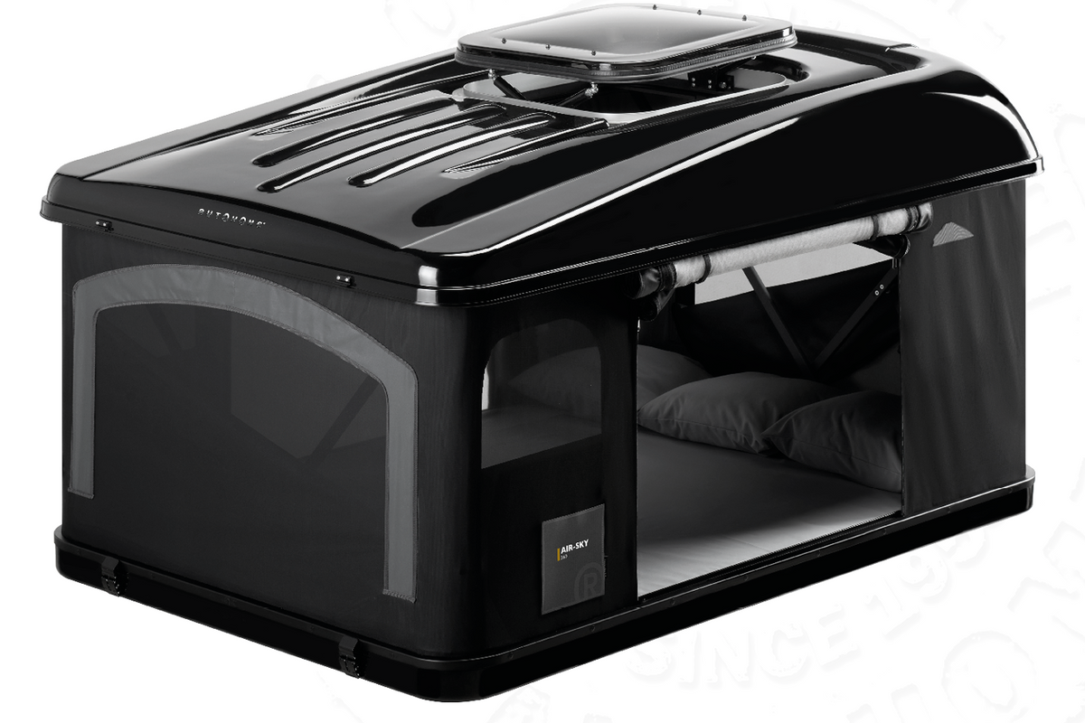 Tenda da tetto AutoHome Air-Sky 360, guscio Black Storm – tenda aperta