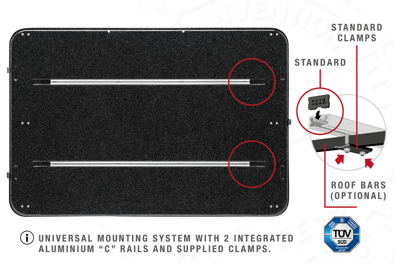 Tenda da tetto AutoHome Air-Sky 360, guscio Hard Face Black – base con guide a C e morsetti