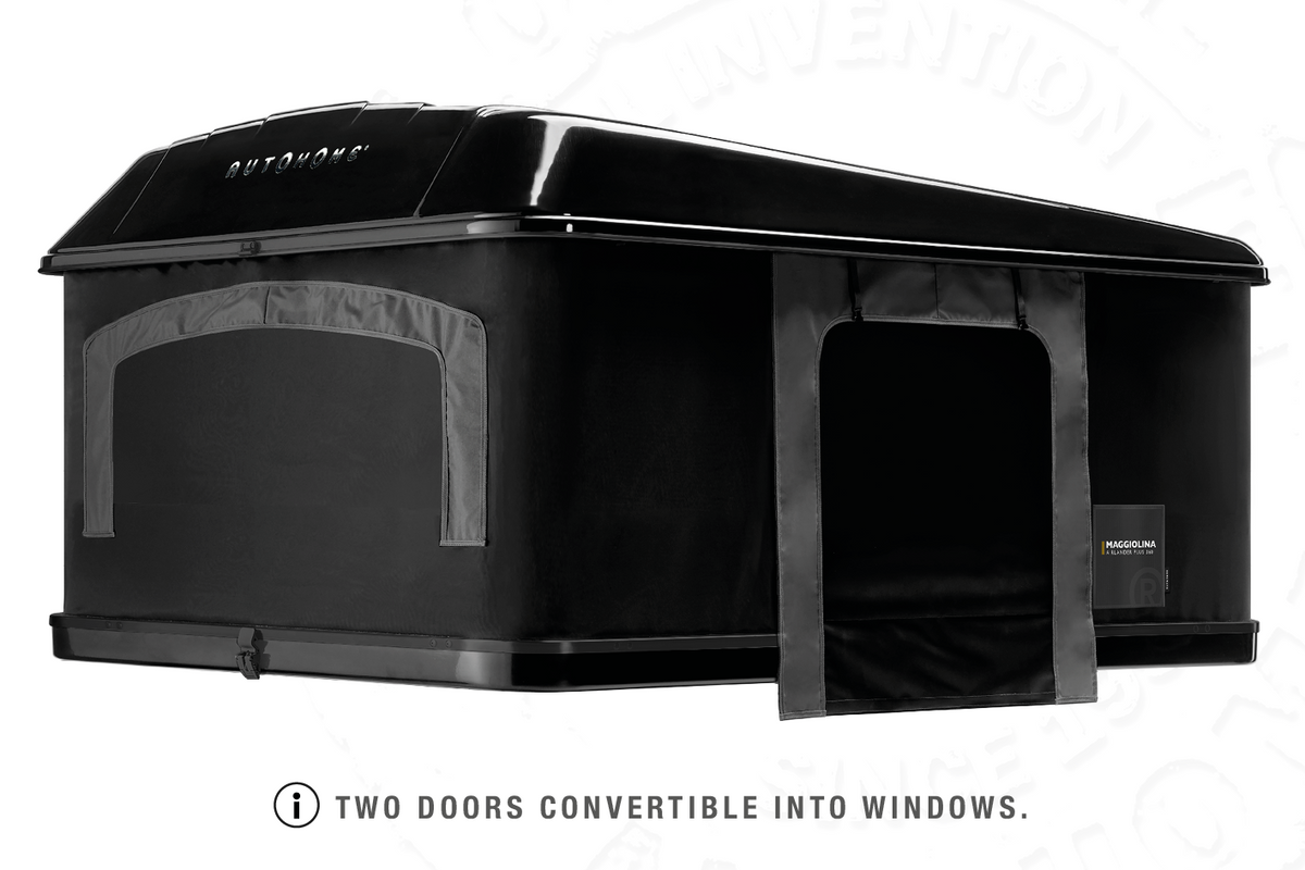 Tenda da tetto AutoHome Airlander Plus 360, guscio Black Storm – porte trasformabili in finestre