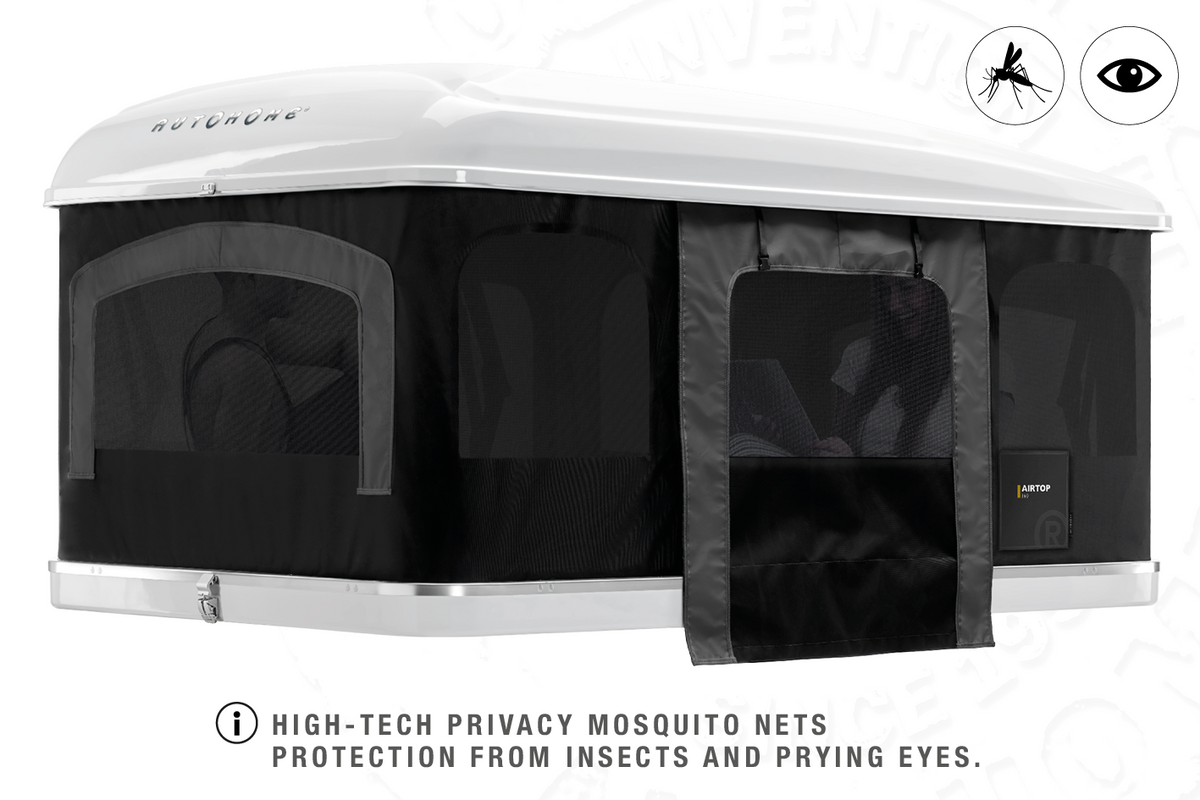 Tenda da tetto AutoHome Airtop 360, guscio Bianco – zanzariere oscuranti