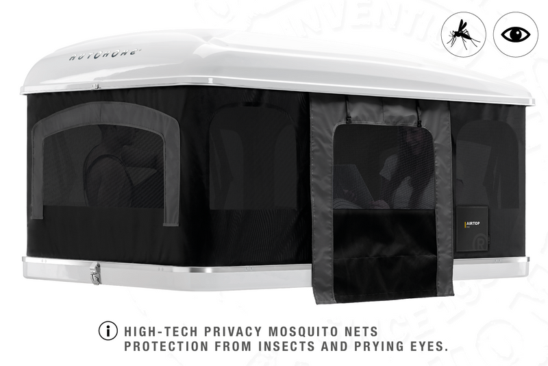 Tenda da tetto AutoHome Airtop 360, guscio Bianco – zanzariere oscuranti