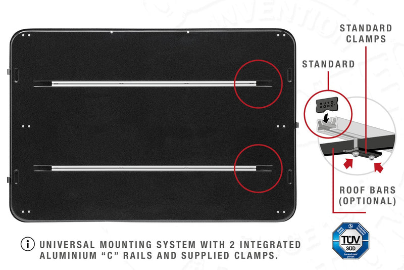 Tenda da tetto AutoHome Airtop 360, guscio Hard Face Black – base con guide a C e morsetti