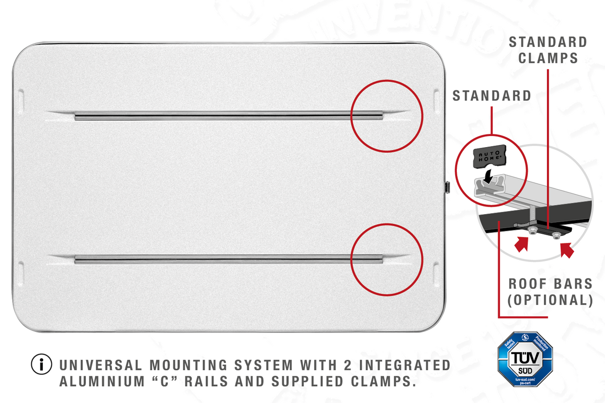 Tenda da tetto AutoHome Airtop 360, guscio Hard Face White – base con guide a C e morsetti