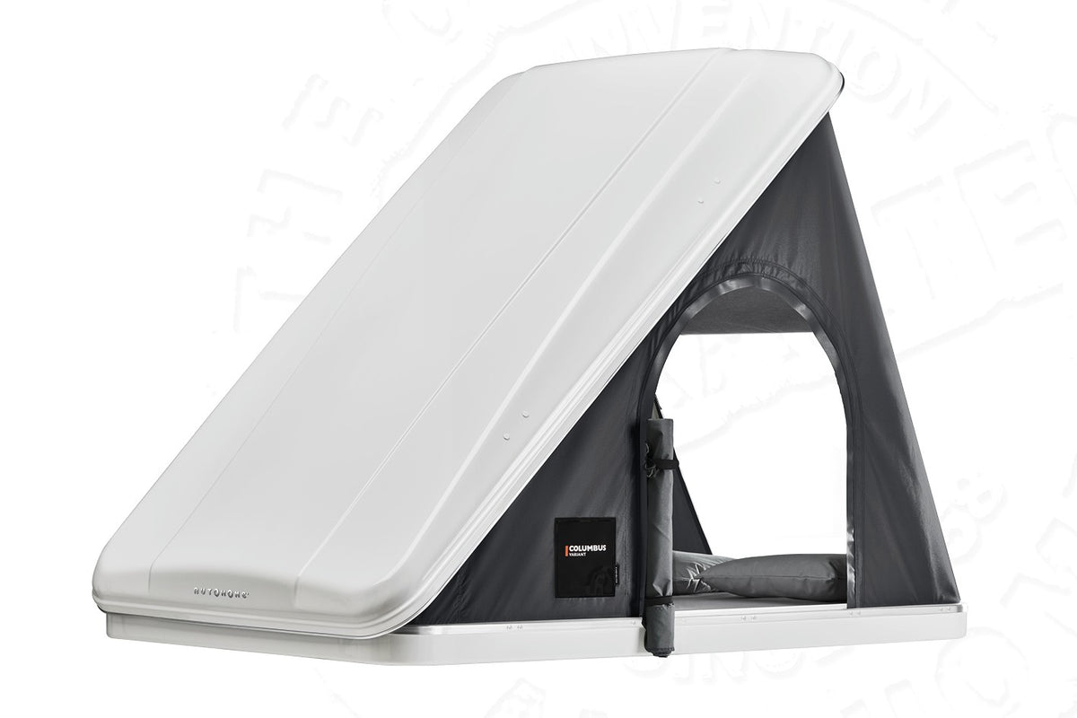 Tenda da tetto AutoHome Columbus Variant, guscio Bianco – tenda aperta