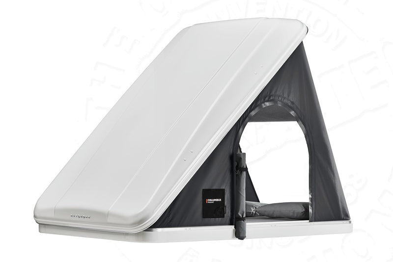 Tenda da tetto AutoHome Columbus Variant, guscio Bianco – tenda aperta