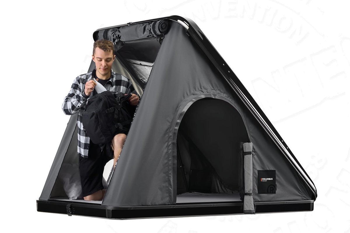 Tenda da tetto AutoHome Columbus Variant, guscio Black Storm – tenda aperta