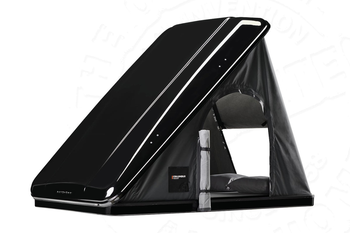 Tenda da tetto AutoHome Columbus Variant, guscio Black Storm – tenda aperta