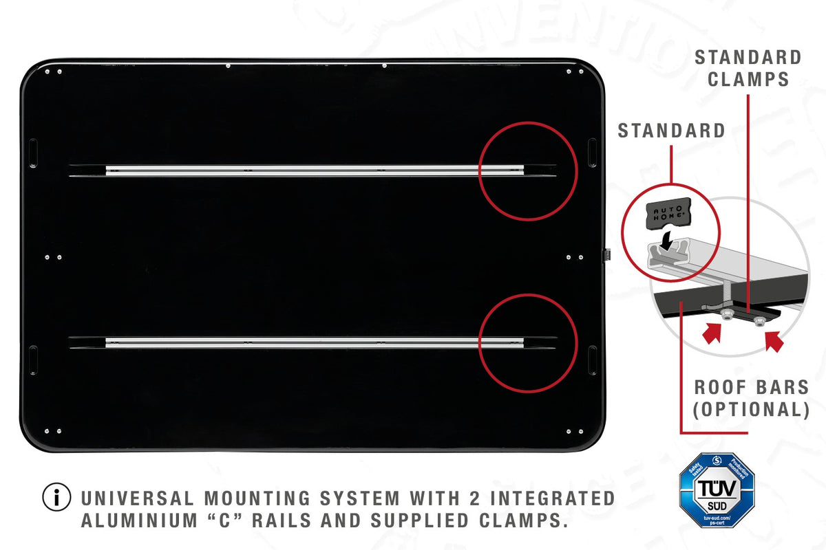 Tenda da tetto AutoHome Columbus Variant, guscio Black Storm – base con guide a C e morsetti