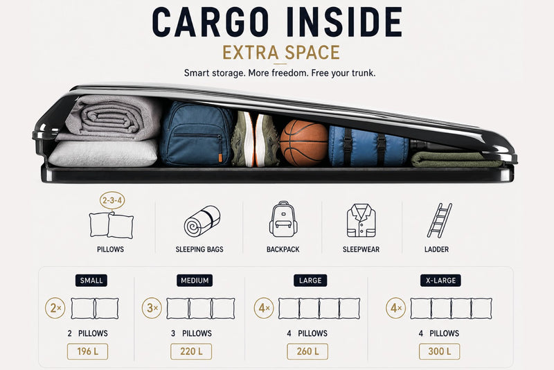 Tenda da tetto AutoHome Columbus Variant, guscio Black Storm – capacità di stivaggio nel guscio