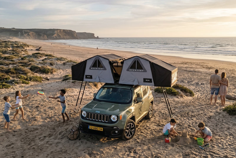 Tenda da tetto AutoHome Overcamp – due tende sullo stesso veicolo in spiaggia