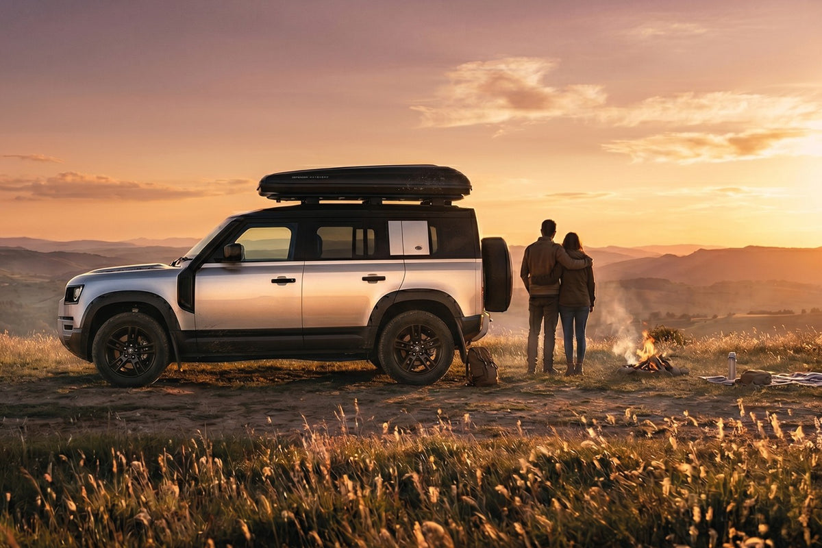 Tenda da tetto AutoHome x Land Rover, guscio Black Storm – Land Rover Defender al tramonto