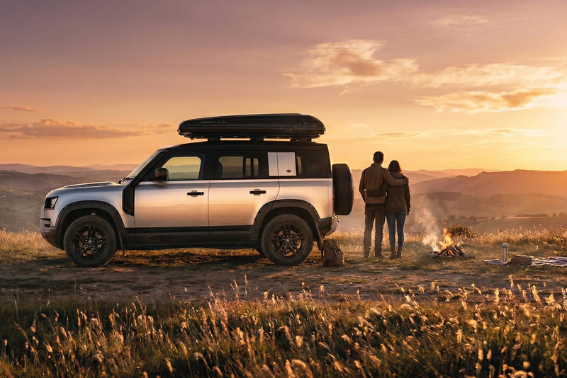 Tenda da tetto AutoHome x Land Rover, guscio Black Storm – Land Rover Defender al tramonto