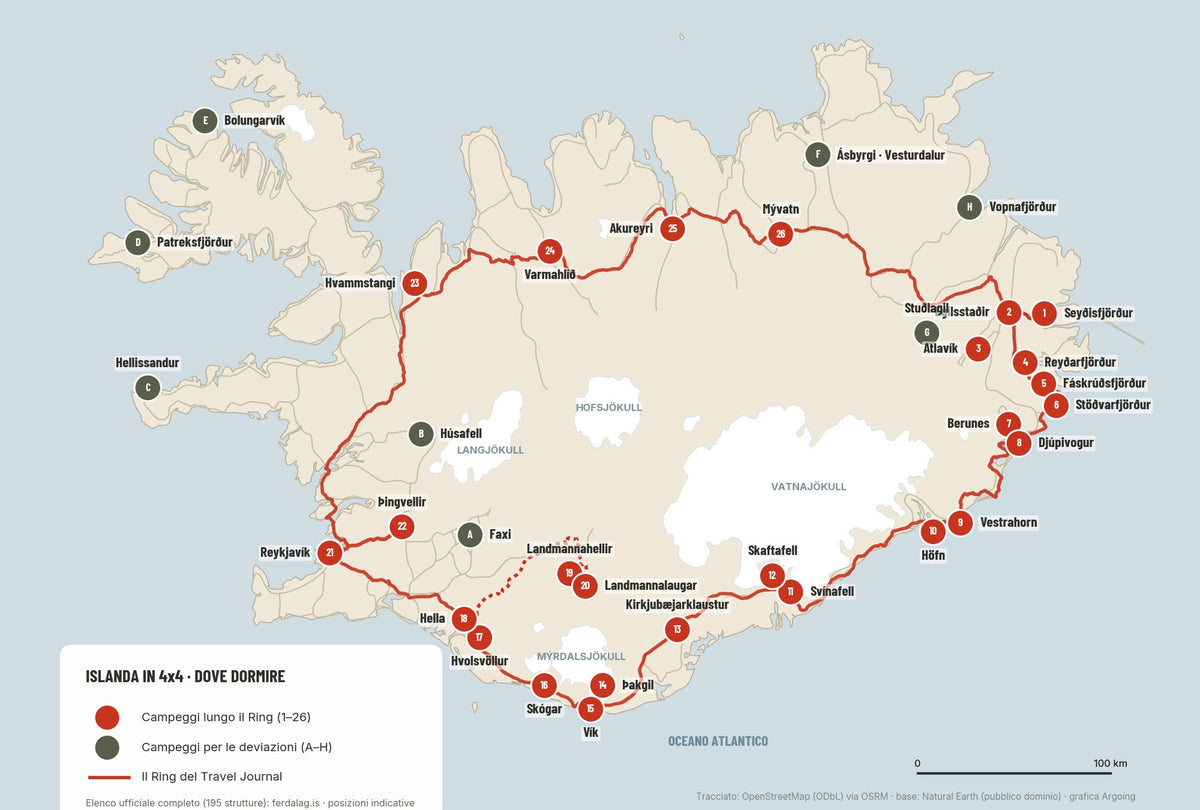 Mappa dei campeggi lungo il Ring d’Islanda numerati da 1 a 26 e dei campeggi per le deviazioni da A ad H