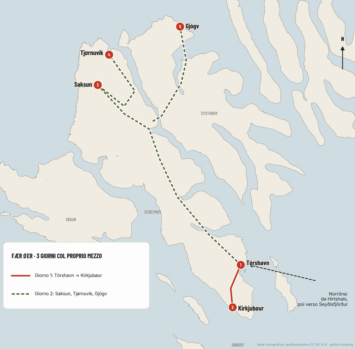 Mappa stradale delle Isole Fær Øer con itinerario da Tórshavn a Kirkjubøur, Saksun, Tjørnuvík e Gjógv