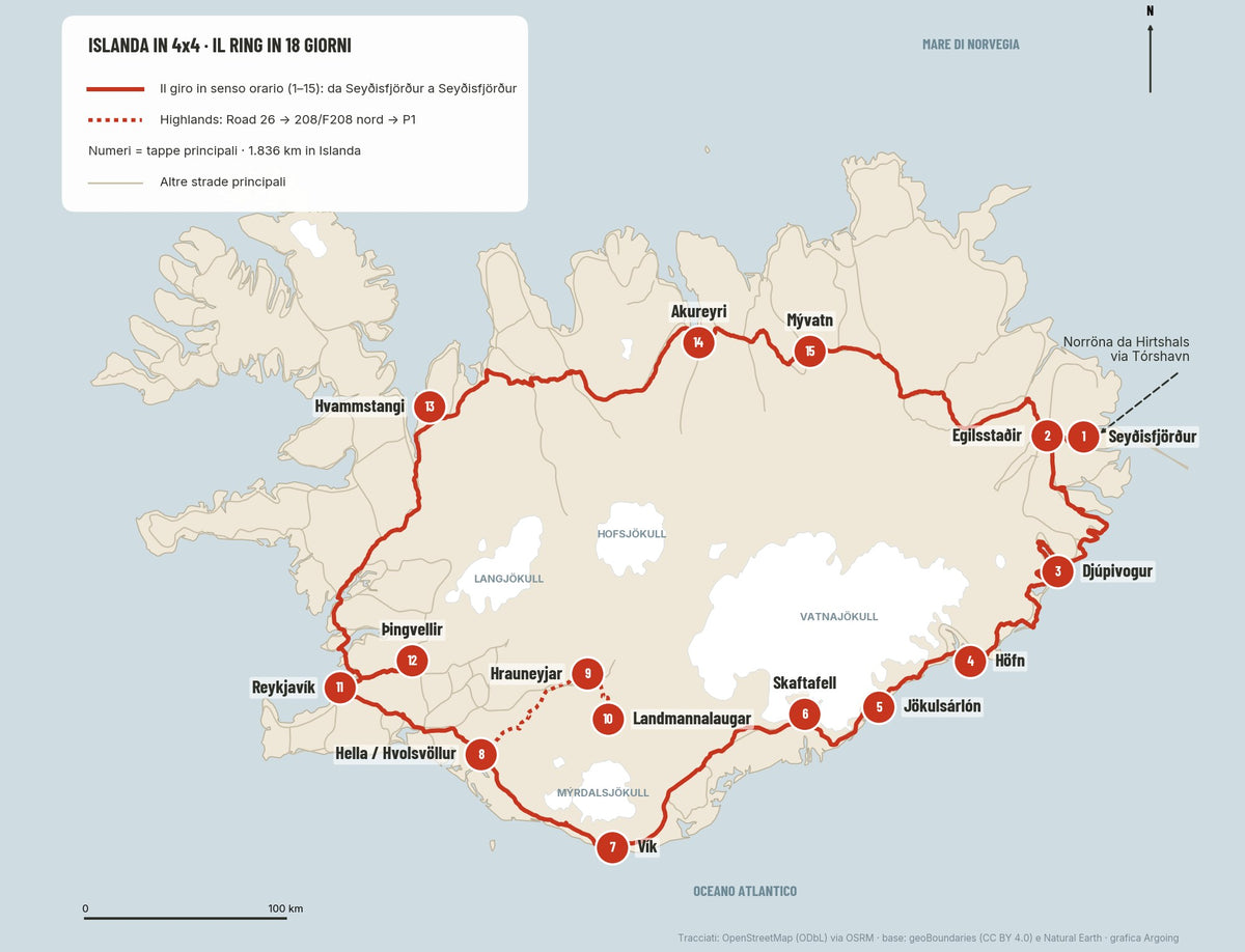 Mappa del Ring d’Islanda in 4x4 in senso orario da Seyðisfjörður a Seyðisfjörður con 15 tappe numerate e l’accesso alle Highlands fino a Landmannalaugar
