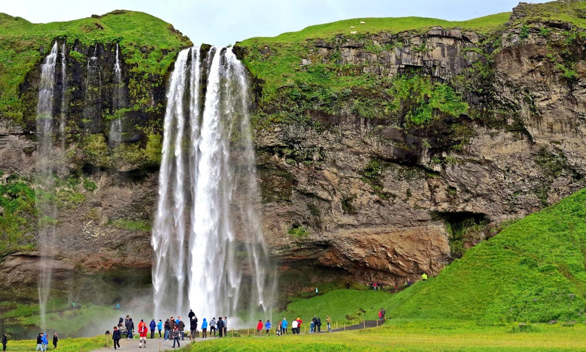 La cascata di Seljalandsfoss con prato verde e visitatori lungo il sentiero