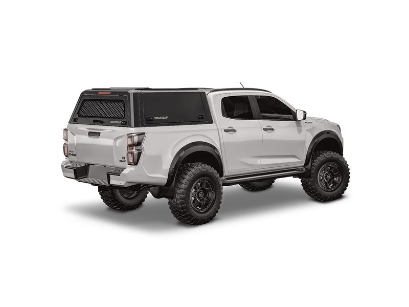 Hard top RSI SmartCap EVOc Commercial per Isuzu D-Max 2020+ Double Cab, vista posteriore 3/4 lato destro su sfondo bianco