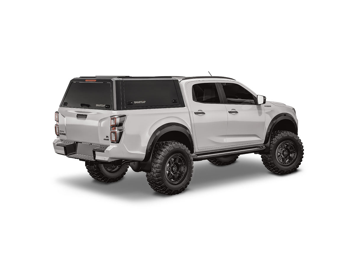 Hard top RSI SmartCap EVOd Defender per Isuzu D-Max 2020+ Double Cab, vista posteriore 3/4 lato destro su sfondo bianco