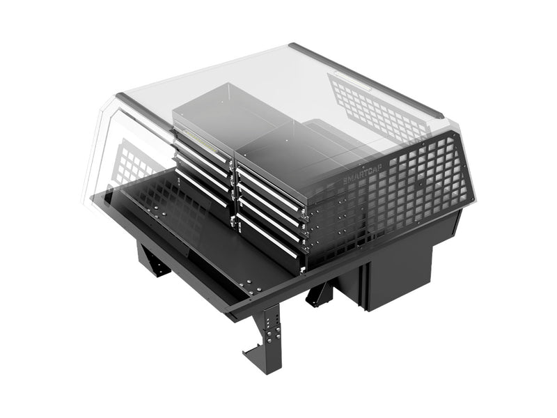 RSI SmartCap Field Pro Matte Black per pick-up mid-size: schema della struttura interna con cassetti e piano di lavoro